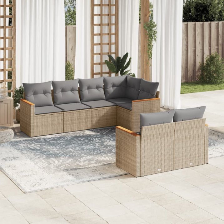 7-tlg. Garten-Sofagarnitur mit Kissen Schwarz Poly Rattan