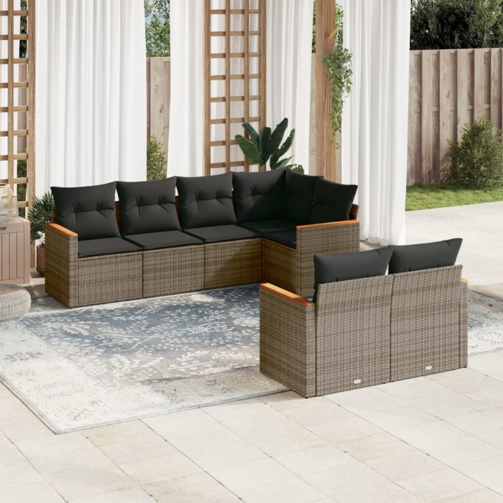 7-tlg. Garten-Sofagarnitur mit Kissen Schwarz Poly Rattan