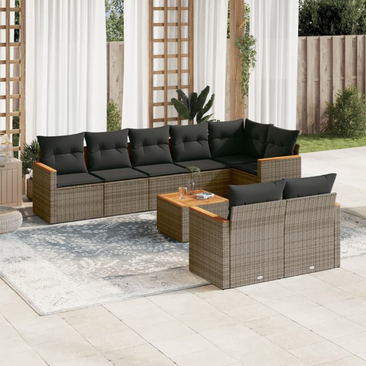 8-tlg. Garten-Sofagarnitur mit Kissen Schwarz Poly Rattan