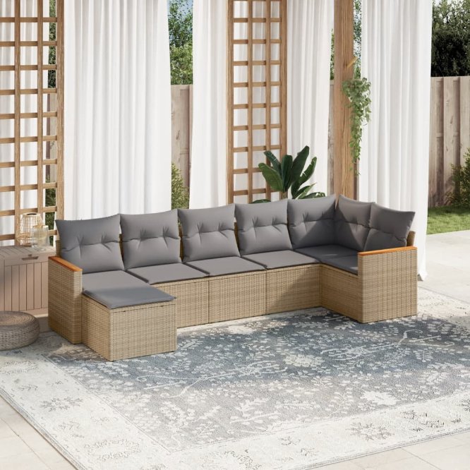 7-tlg. Garten-Sofagarnitur mit Kissen Schwarz Poly Rattan