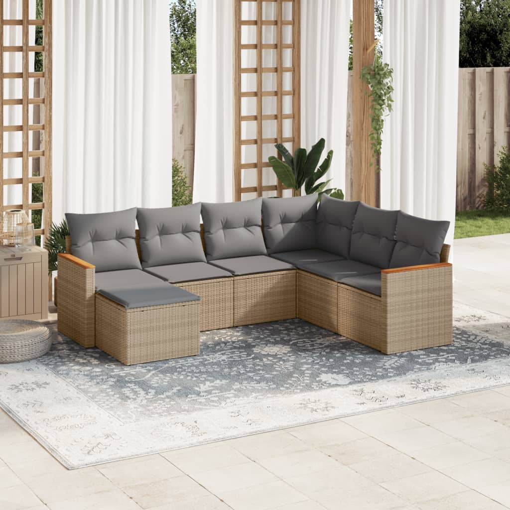 7-tlg. Garten-Sofagarnitur mit Kissen Schwarz Poly Rattan