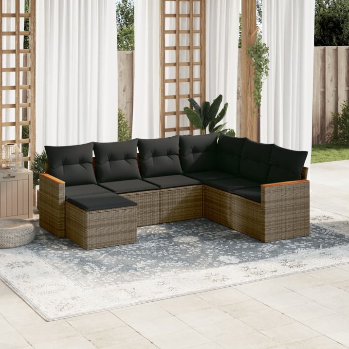 7-tlg. Garten-Sofagarnitur mit Kissen Schwarz Poly Rattan