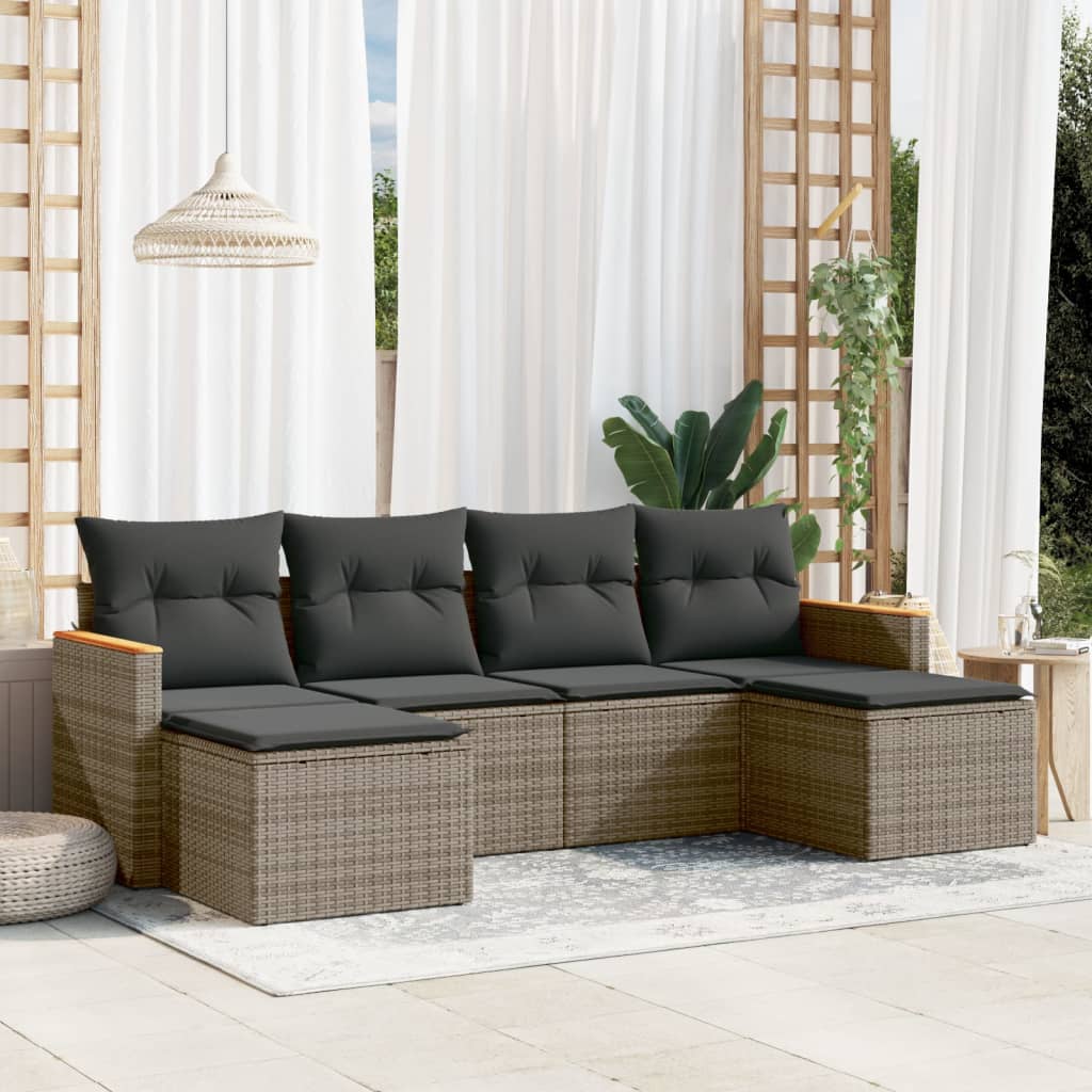6-tlg. Garten-Sofagarnitur mit Kissen Schwarz Poly Rattan