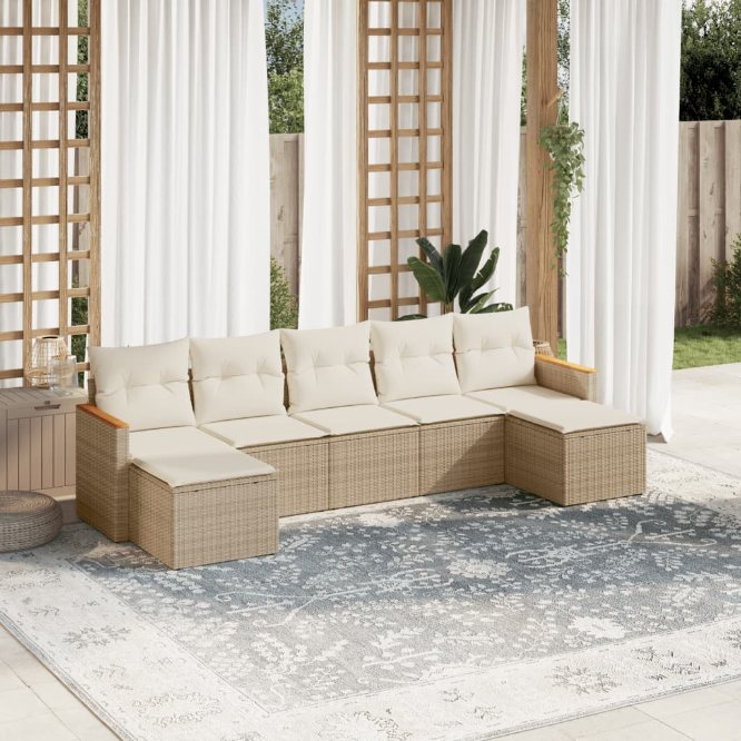 7-tlg. Garten-Sofagarnitur mit Kissen Schwarz Poly Rattan