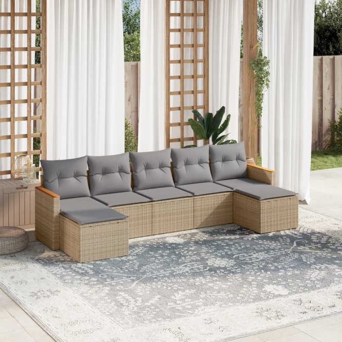 7-tlg. Garten-Sofagarnitur mit Kissen Schwarz Poly Rattan