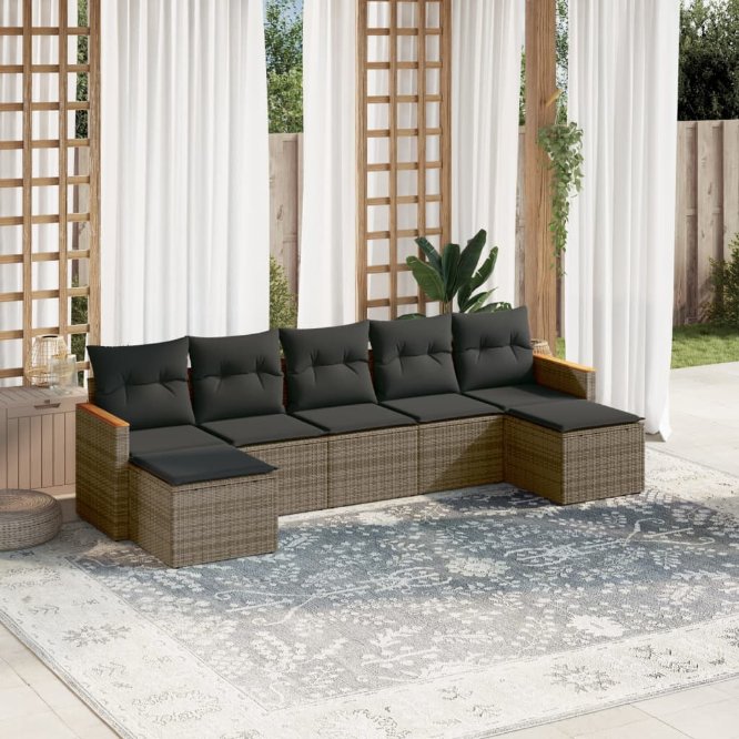 7-tlg. Garten-Sofagarnitur mit Kissen Schwarz Poly Rattan