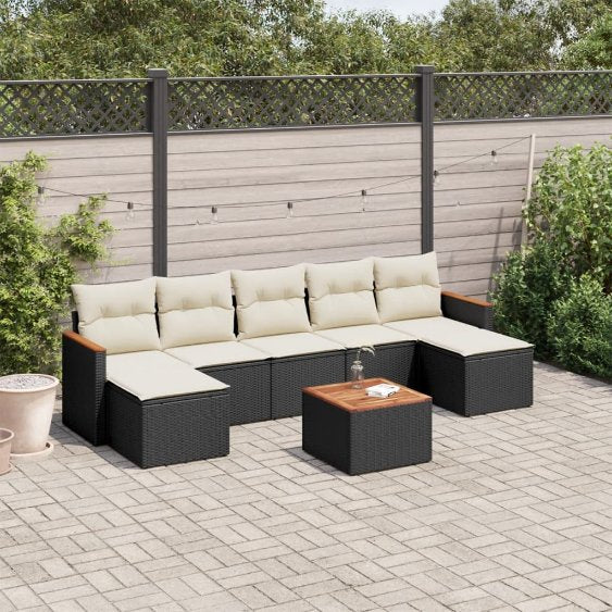 7-tlg. Garten-Sofagarnitur mit Kissen Schwarz Poly Rattan