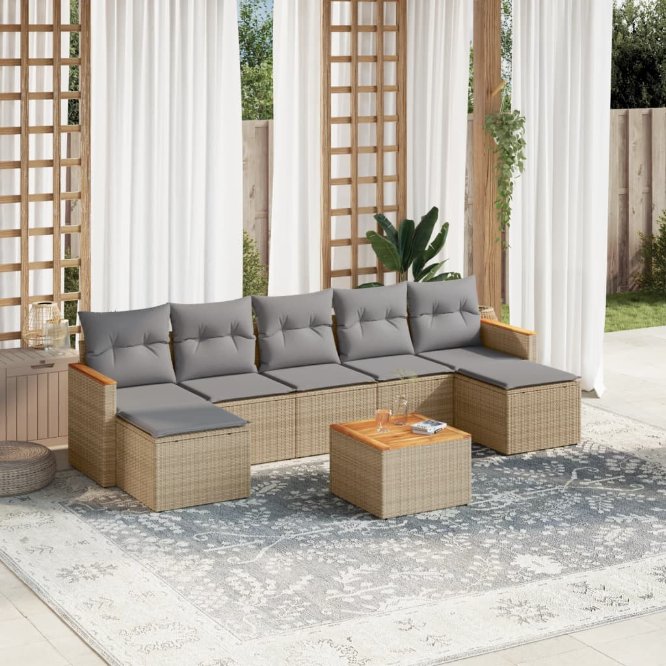 7-tlg. Garten-Sofagarnitur mit Kissen Schwarz Poly Rattan