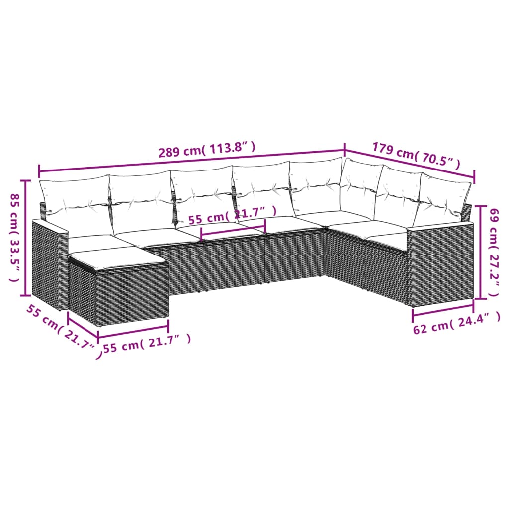 8-tlg. Garten-Sofagarnitur mit Kissen Schwarz Poly Rattan