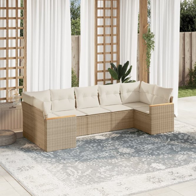 7-tlg. Garten-Sofagarnitur mit Kissen Schwarz Poly Rattan