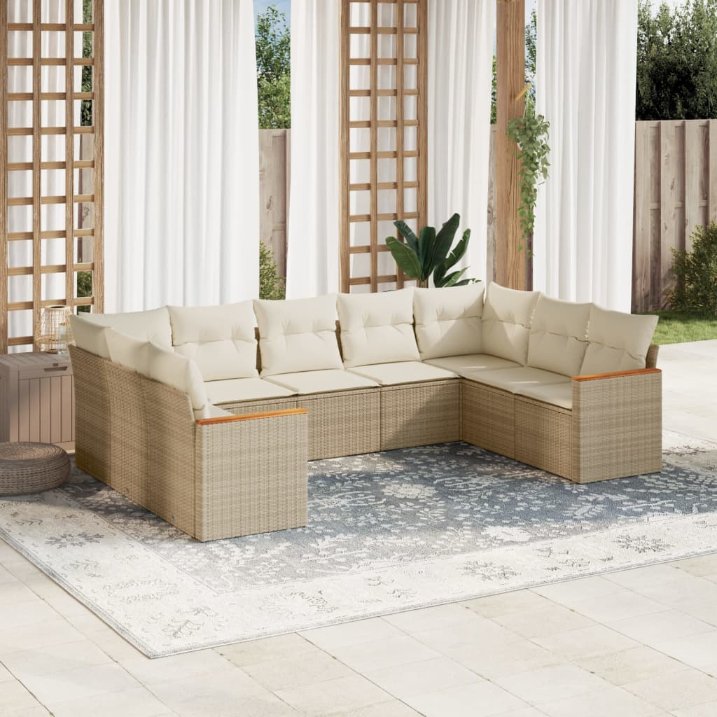 9-tlg. Garten-Sofagarnitur mit Kissen Schwarz Poly Rattan