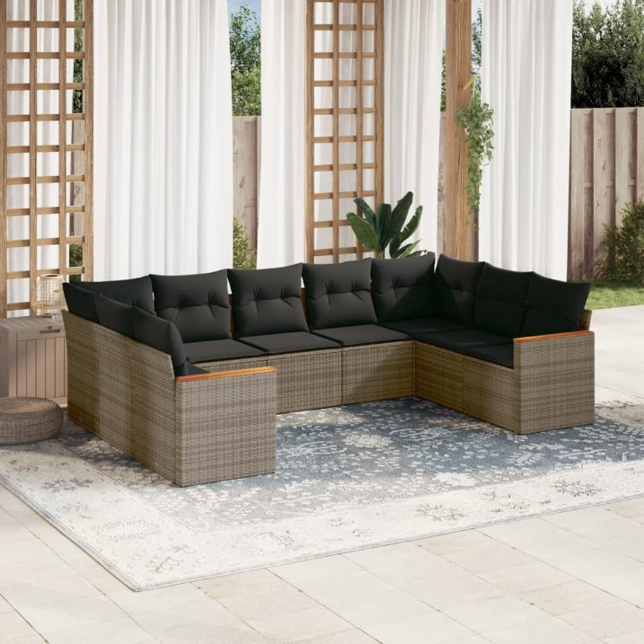 9-tlg. Garten-Sofagarnitur mit Kissen Schwarz Poly Rattan