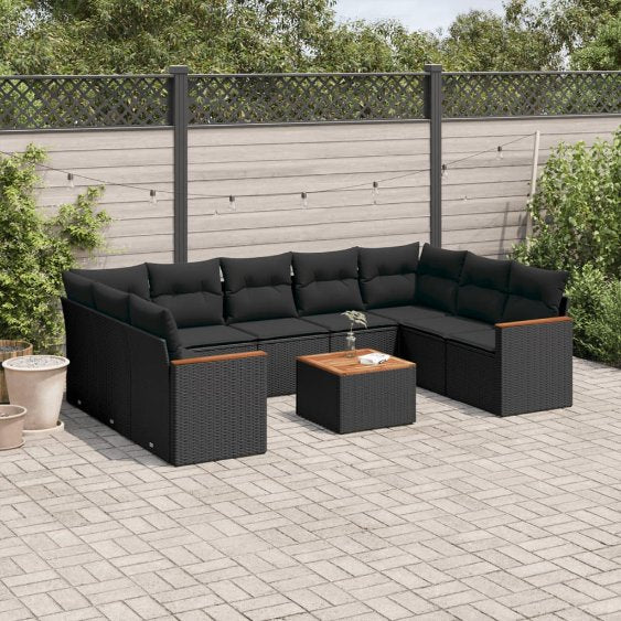 9-tlg. Garten-Sofagarnitur mit Kissen Schwarz Poly Rattan