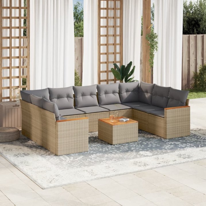 9-tlg. Garten-Sofagarnitur mit Kissen Schwarz Poly Rattan