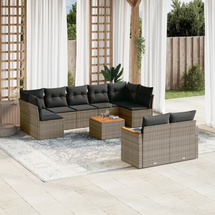 9-tlg. Garten-Sofagarnitur mit Kissen Schwarz Poly Rattan