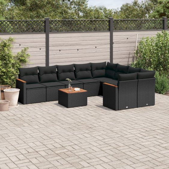 9-tlg. Garten-Sofagarnitur mit Kissen Schwarz Poly Rattan