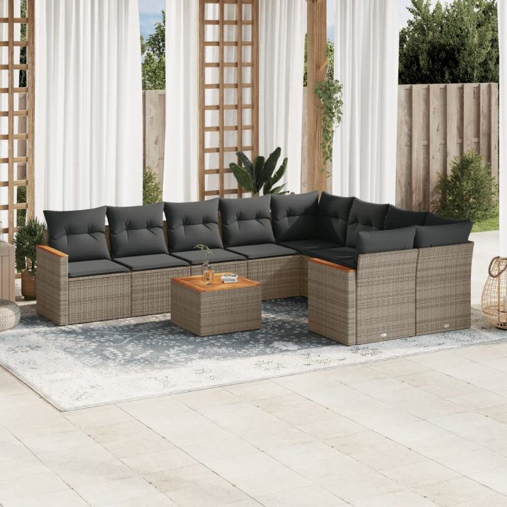 9-tlg. Garten-Sofagarnitur mit Kissen Schwarz Poly Rattan