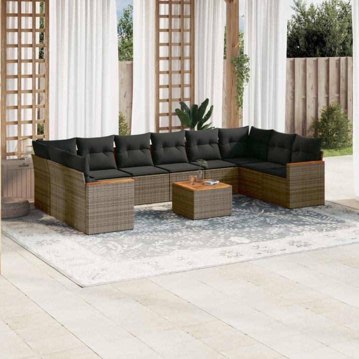 vidaXL 10-tlg. Garten-Sofagarnitur mit Kissen Schwarz Poly Rattan