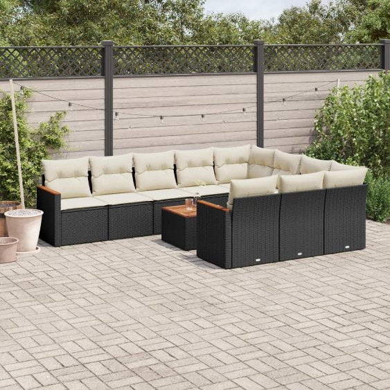 vidaXL 10-tlg. Garten-Sofagarnitur mit Kissen Schwarz Poly Rattan