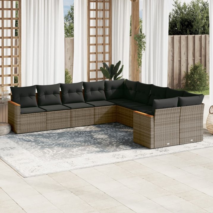 vidaXL 10-tlg. Garten-Sofagarnitur mit Kissen Schwarz Poly Rattan