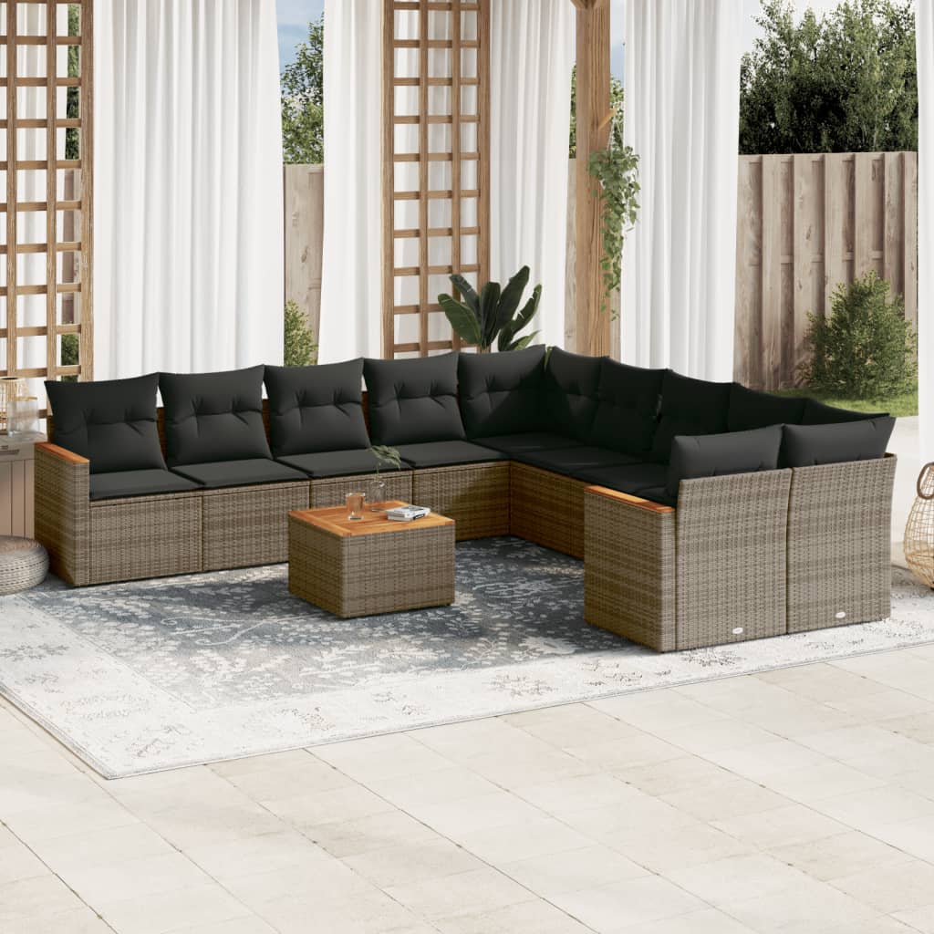 vidaXL 10-tlg. Garten-Sofagarnitur mit Kissen Schwarz Poly Rattan