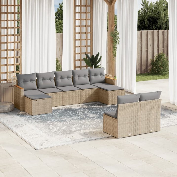 9-tlg. Garten-Sofagarnitur mit Kissen Schwarz Poly Rattan