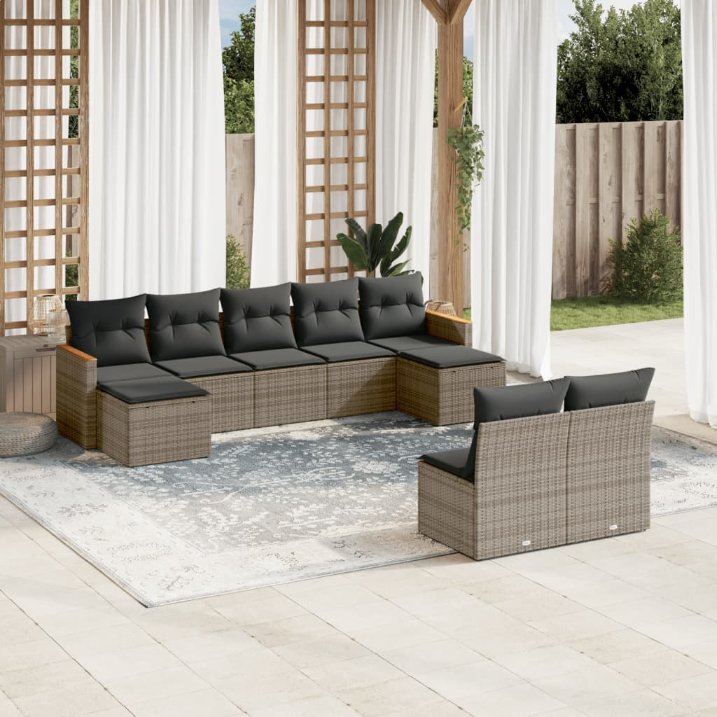 9-tlg. Garten-Sofagarnitur mit Kissen Schwarz Poly Rattan