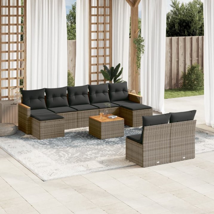 9-tlg. Garten-Sofagarnitur mit Kissen Schwarz Poly Rattan
