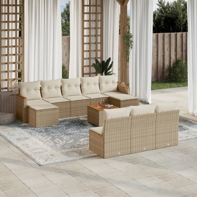 vidaXL 10-tlg. Garten-Sofagarnitur mit Kissen Schwarz Poly Rattan