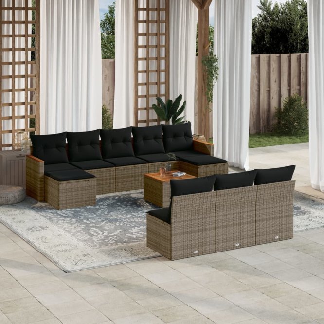 vidaXL 10-tlg. Garten-Sofagarnitur mit Kissen Schwarz Poly Rattan