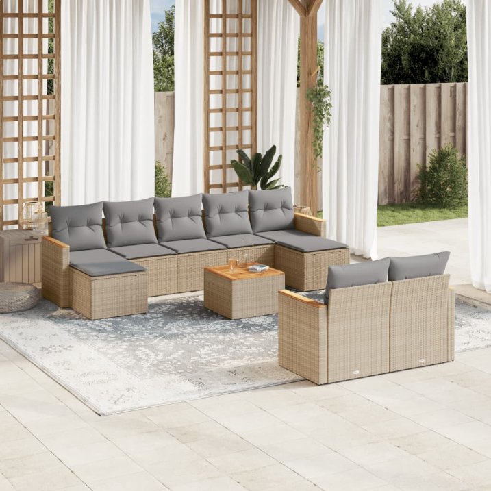 9-tlg. Garten-Sofagarnitur mit Kissen Schwarz Poly Rattan