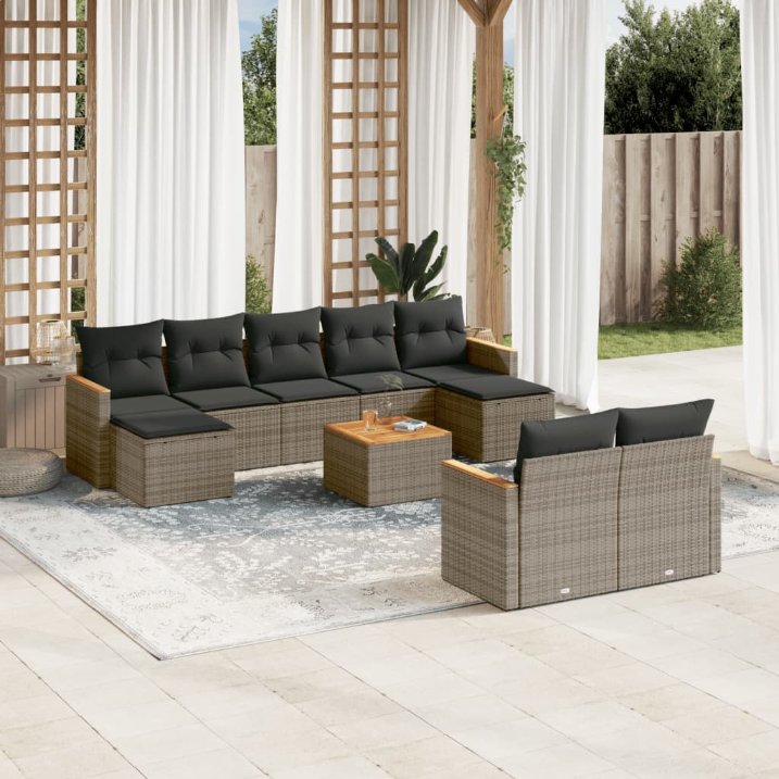 9-tlg. Garten-Sofagarnitur mit Kissen Schwarz Poly Rattan