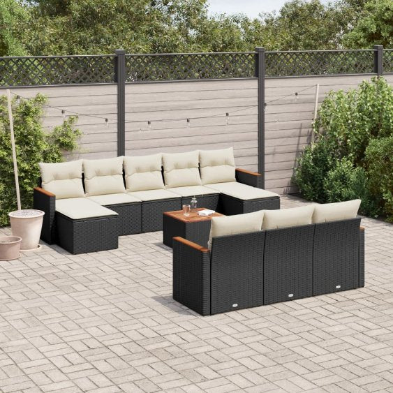 vidaXL 10-tlg. Garten-Sofagarnitur mit Kissen Schwarz Poly Rattan