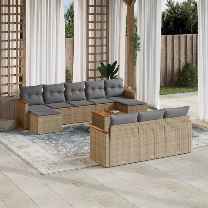 vidaXL 10-tlg. Garten-Sofagarnitur mit Kissen Schwarz Poly Rattan