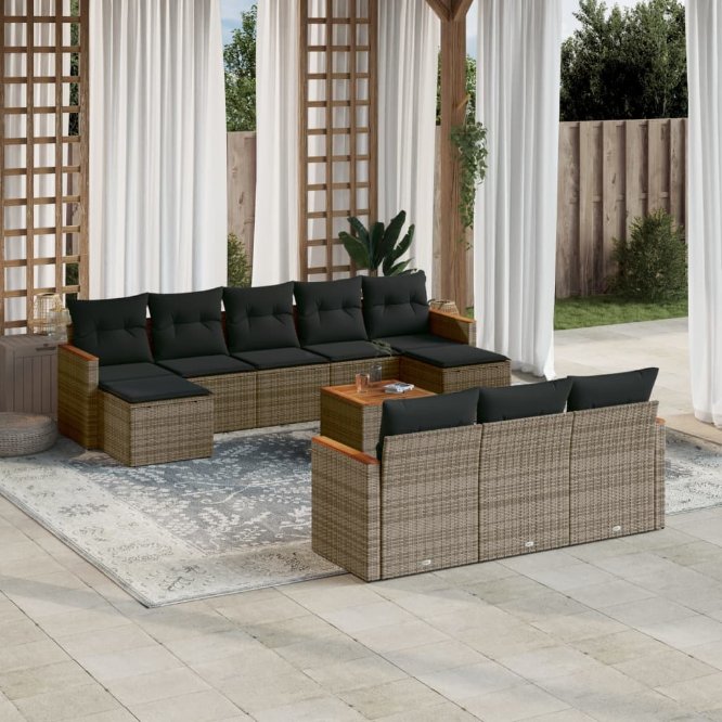 vidaXL 10-tlg. Garten-Sofagarnitur mit Kissen Schwarz Poly Rattan