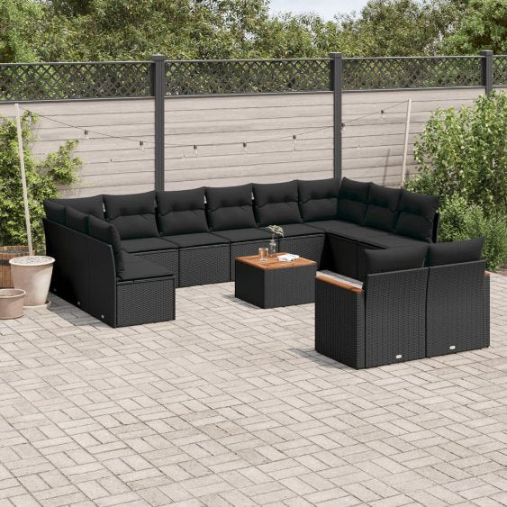 12-tlg. Garten-Sofagarnitur mit Kissen Schwarz Poly Rattan