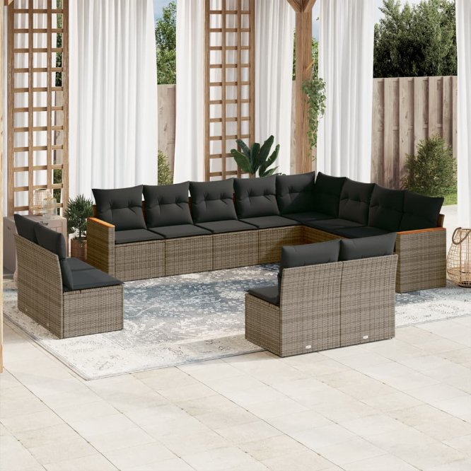 12-tlg. Garten-Sofagarnitur mit Kissen Schwarz Poly Rattan