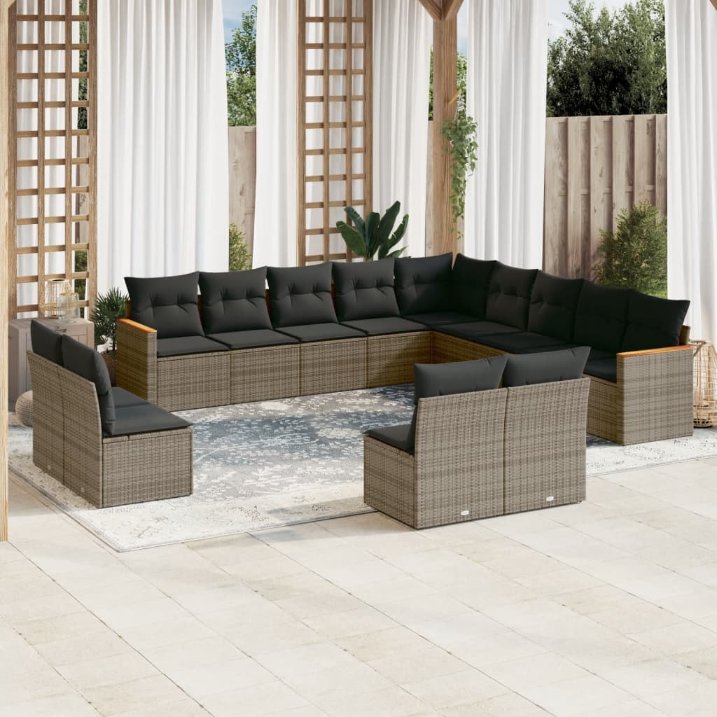 13-tlg. Garten-Sofagarnitur mit Kissen Schwarz Poly Rattan