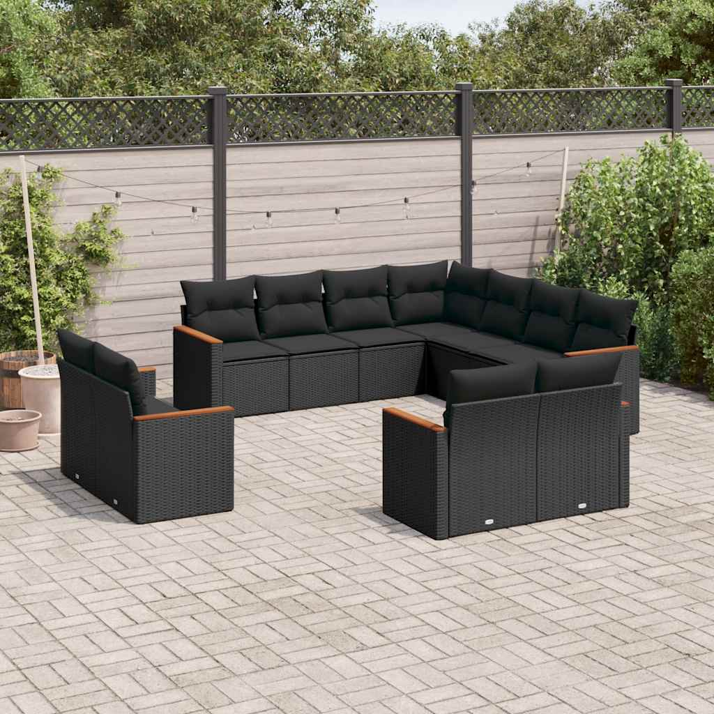 vidaXL 11-tlg. Garten-Sofagarnitur mit Kissen Schwarz Poly Rattan