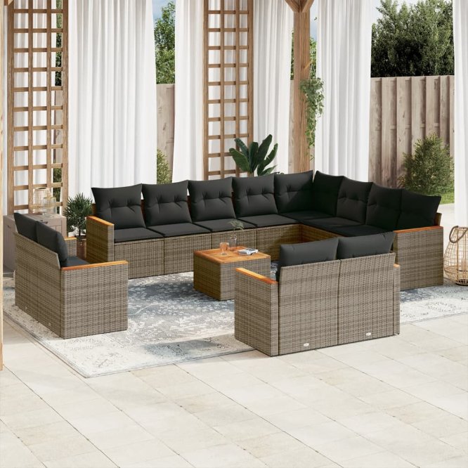 12-tlg. Garten-Sofagarnitur mit Kissen Schwarz Poly Rattan