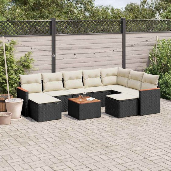 9-tlg. Garten-Sofagarnitur mit Kissen Schwarz Poly Rattan