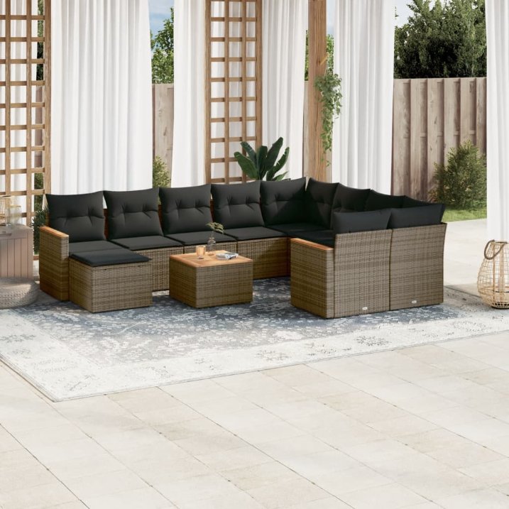 vidaXL 11-tlg. Garten-Sofagarnitur mit Kissen Schwarz Poly Rattan