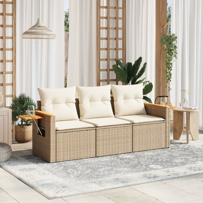 3-tlg. Garten-Sofagarnitur mit Kissen Schwarz Poly Rattan