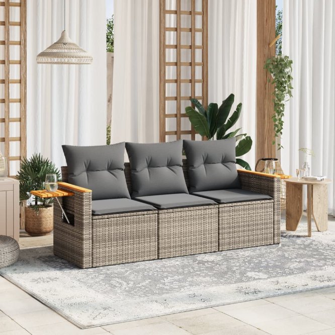 3-tlg. Garten-Sofagarnitur mit Kissen Schwarz Poly Rattan