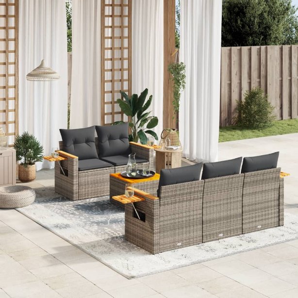 6-tlg. Garten-Sofagarnitur mit Kissen Schwarz Poly Rattan