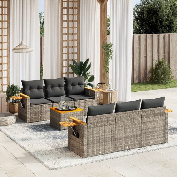 7-tlg. Garten-Sofagarnitur mit Kissen Schwarz Poly Rattan