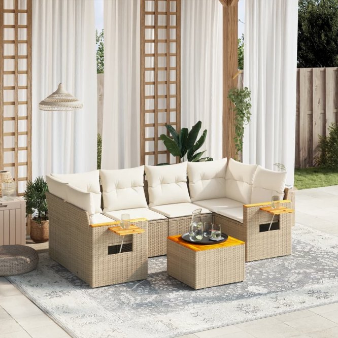 7-tlg. Garten-Sofagarnitur mit Kissen Schwarz Poly Rattan