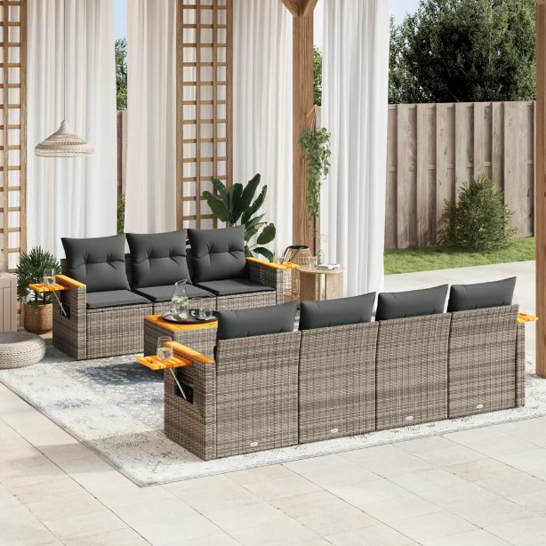 8-tlg. Garten-Sofagarnitur mit Kissen Schwarz Poly Rattan