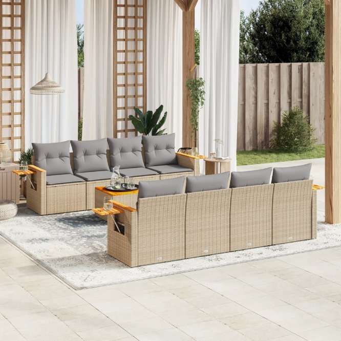 9-tlg. Garten-Sofagarnitur mit Kissen Schwarz Poly Rattan