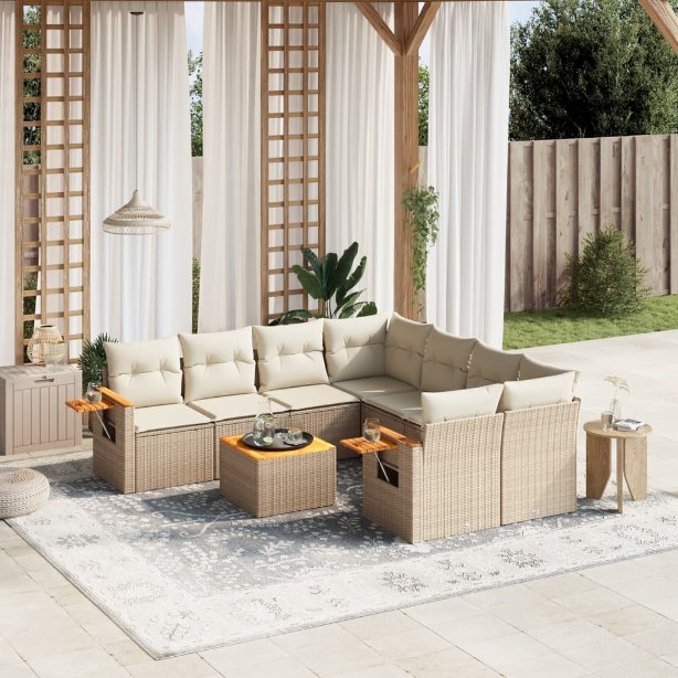 9-tlg. Garten-Sofagarnitur mit Kissen Schwarz Poly Rattan